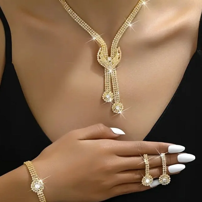 3pcs Jewelry Set l Silver l Gold Rhinestone Earrings l Necklace l Bracelet l Prom l Wedding JS-946