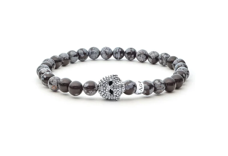 Elegant Crystal Tennis Bracelets For Special Occasions-Signature Caviar Anthem Snowflake Obsidian Skull Stretch Bracelet with Sterling Silver, Size 7