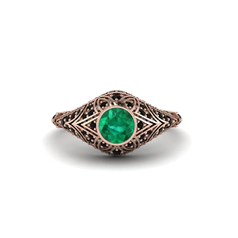 Bold Rose Gold Rings For Statement Fashion-Emerald Bezel Vintage Filigree Engagement Ring - Kendall No. 35