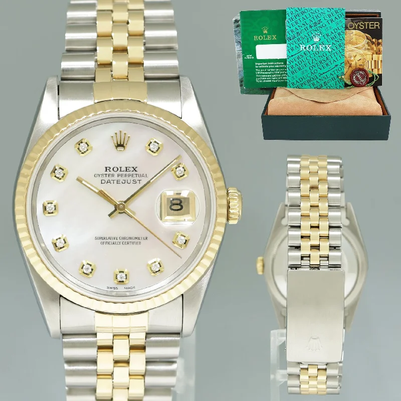 Luxury Solar-Powered Watches For Sustainable Fashion-DIAMOND Pearl Rolex DateJust 16233 Two-Tone Yellow Gold Jubilee Watch Box