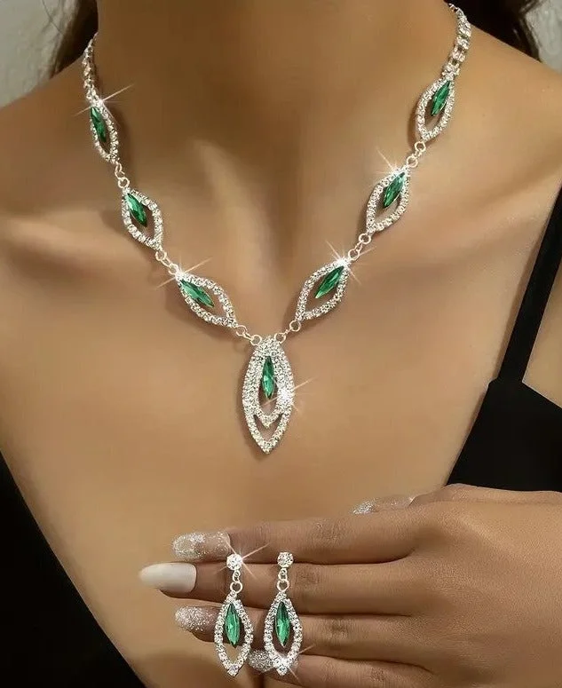 3pcs SILVER Emerald Green Jewelry Set l Rhinestone Earrings l Necklace l Bracelet l Prom l Wedding JS-932