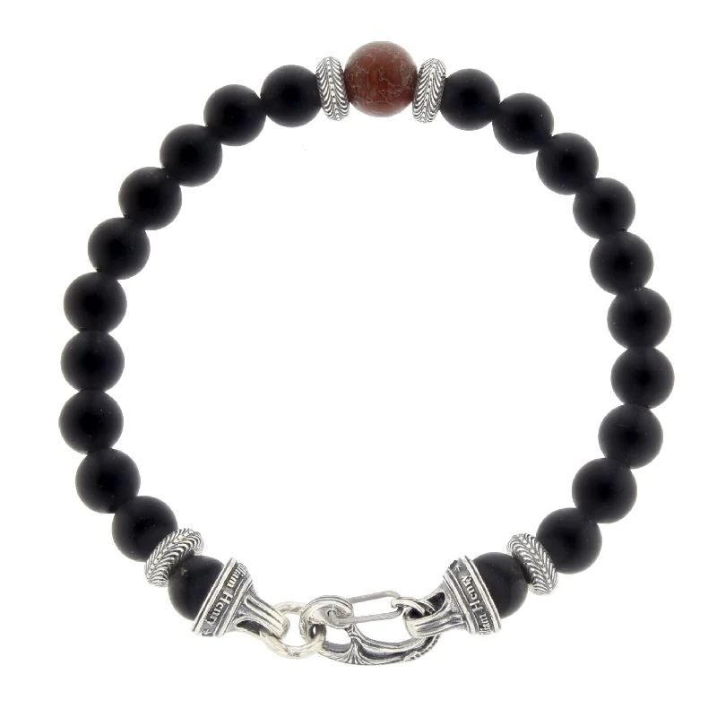 Stunning Rose Gold Bracelets For Fashionable Wear-BB6 DB RB STERLING SILVER FROSTED BLACK ONYX AND FOSSIL DINOSAUR BONE BEADS GENTIS BRACELET - LARGE