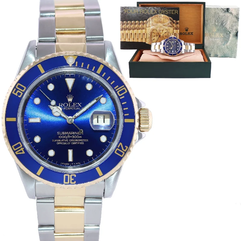 Beautiful Gemstone-Studded Watches For Elegant Glam-MINT Rolex Submariner 16613 LB Gold Steel Two Tone Yellow Gold Blue Sunburst Watch