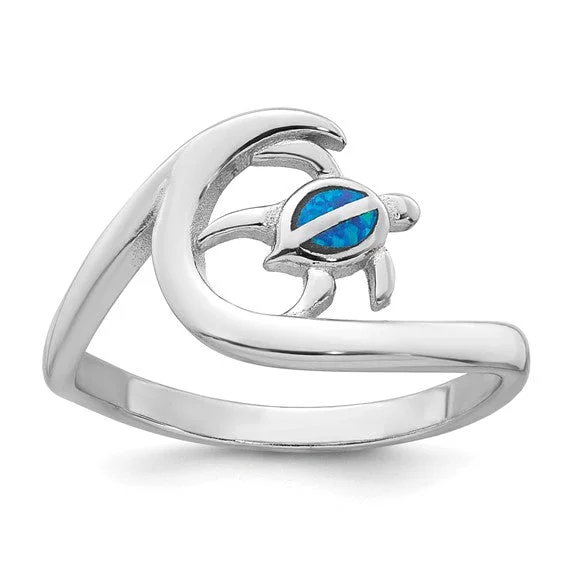 Gorgeous Platinum Engagement Rings For Luxury Brides-Sterling Silver Blue Created Opal Turtle on Wave Ring