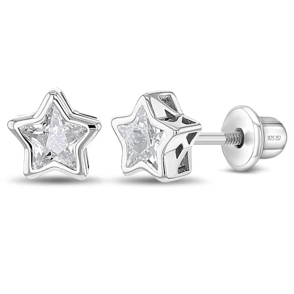 Fashionable Silver Earrings For Wedding Day-CZ Star Children's Earrings - Screw Back