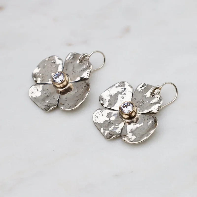 Personalized Earrings For Bridesmaid Gifts-Large Petal Flower with CZ Center & 14k Gold Bezel Earrings