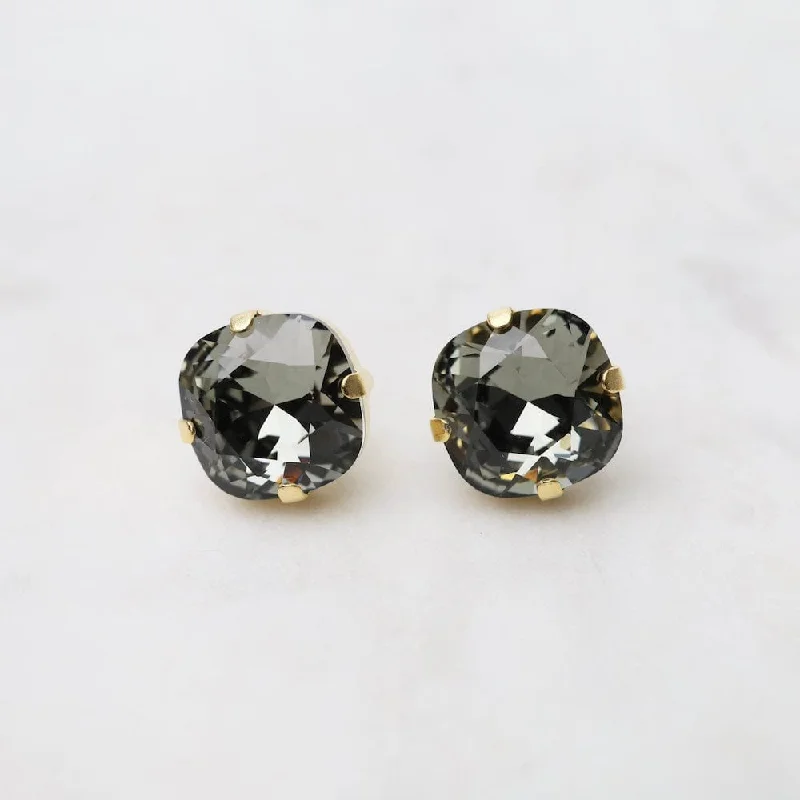 Trendy Earrings For Day-to-Night Fashion-Large Black Diamond Post Earrings- Gold Plate