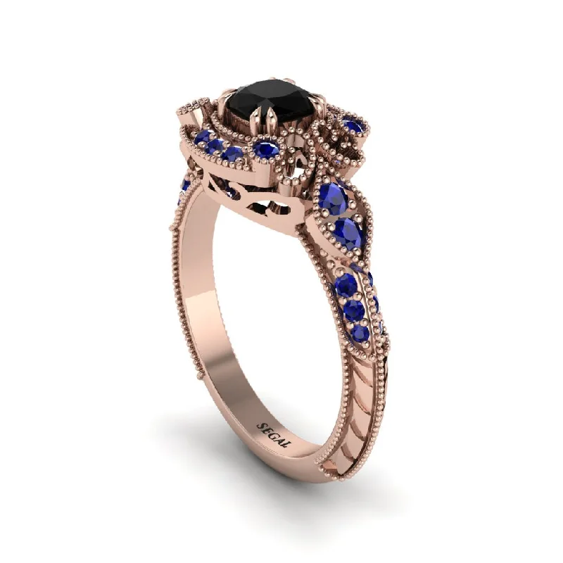 Timeless Gemstone Wedding Rings For Brides-Black Diamond Vintage Filigree Cushion Cut Engagement Ring - Elaina No. 68