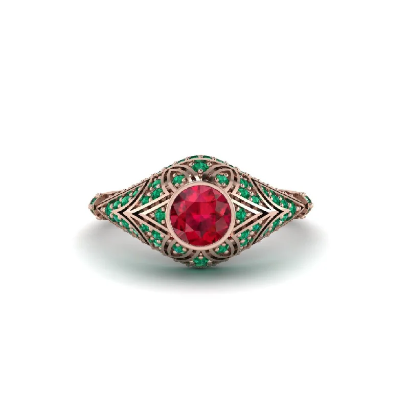 Trendy Stackable Rings For Layered Style-Ruby Bezel Vintage Filigree Engagement Ring - Kendall No. 26