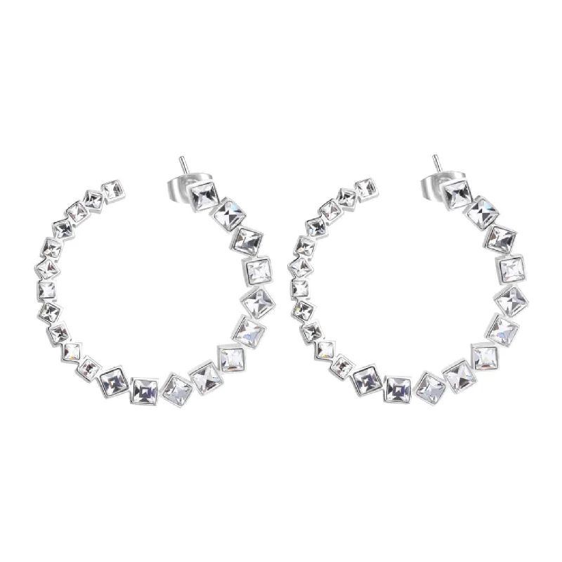 Unique Resin Earrings For Creative Styles-Stainless Steel Hoop Stud Earrings with Clear Crystals