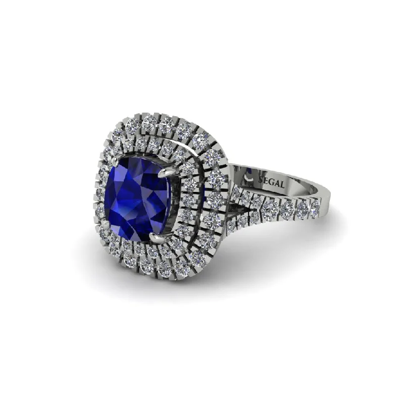 Custom Gemstone Rings For Special Occasions-Sapphire Double Halo Cushion Cut Engagement Ring - Courtney No. 15