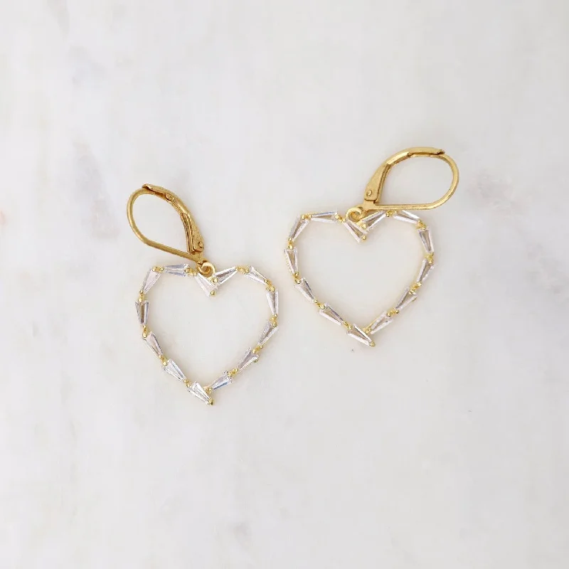 Handmade Gemstone Earrings For Bold Statements-Gold Crystal Baguette Heart Earrings