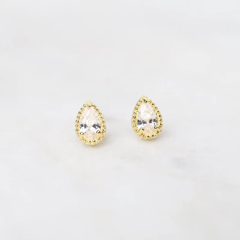 Simple Silver Earrings For Chic Appeal-Gold Vermeil Milgrain Edge Pear CZ Stud Earrings