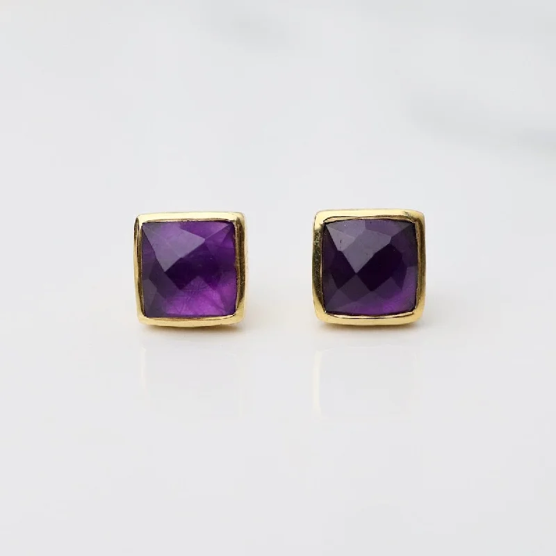 Stylish Earrings For Office Wear-Madeline Stud Earrings - Vermeil Square - Amethyst