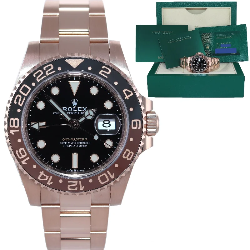 Timeless Silver Watches For Classic Glam-2022 NEW PAPERS Rolex GMT Master Rose Gold Ceramic Root Beer 126715 Watch Box