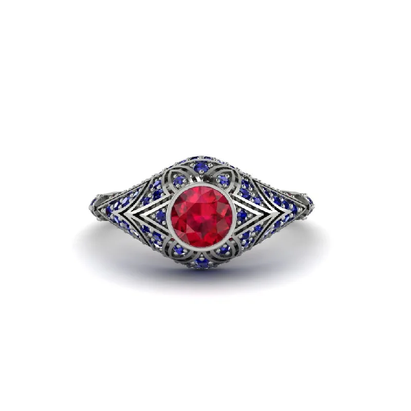 Stunning Diamond Wedding Bands For Bridal Glam-Ruby Bezel Vintage Filigree Engagement Ring - Kendall No. 72