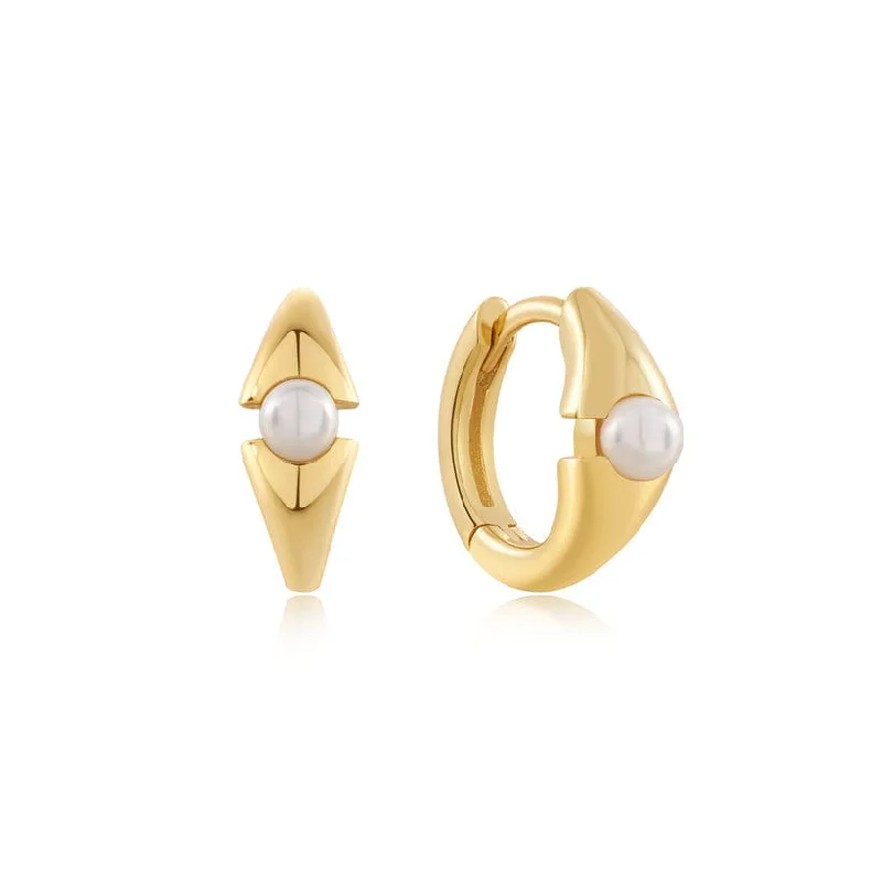 Classic Stud Earrings For Timeless Appeal-Gold Pearl Geometric Huggie Hoop Earrings