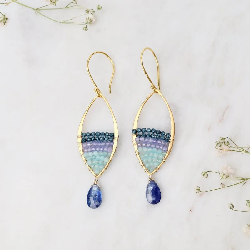 Large Gemstone Earrings For Fashion Statements-Bright Blue Kyanite Gold Marquis Earrings