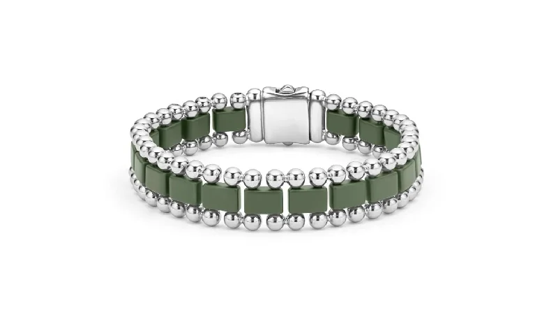 Sparkling Diamond-Set Bracelets For Luxe Glam-Anthem Caviar Link Bracelet in Sterling Silver and Matte Forest Green Ceramic, Size 8