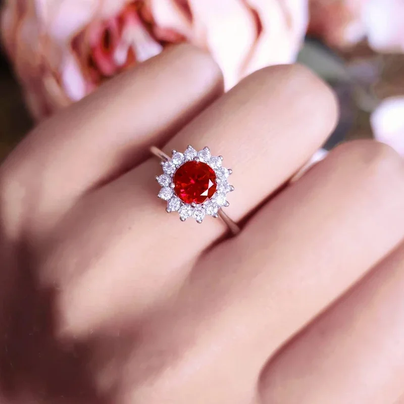 Bold Gemstone Rings For Statement Pieces-Zarkan 925 Silver Red Flower Solitaire American Diamond Ring