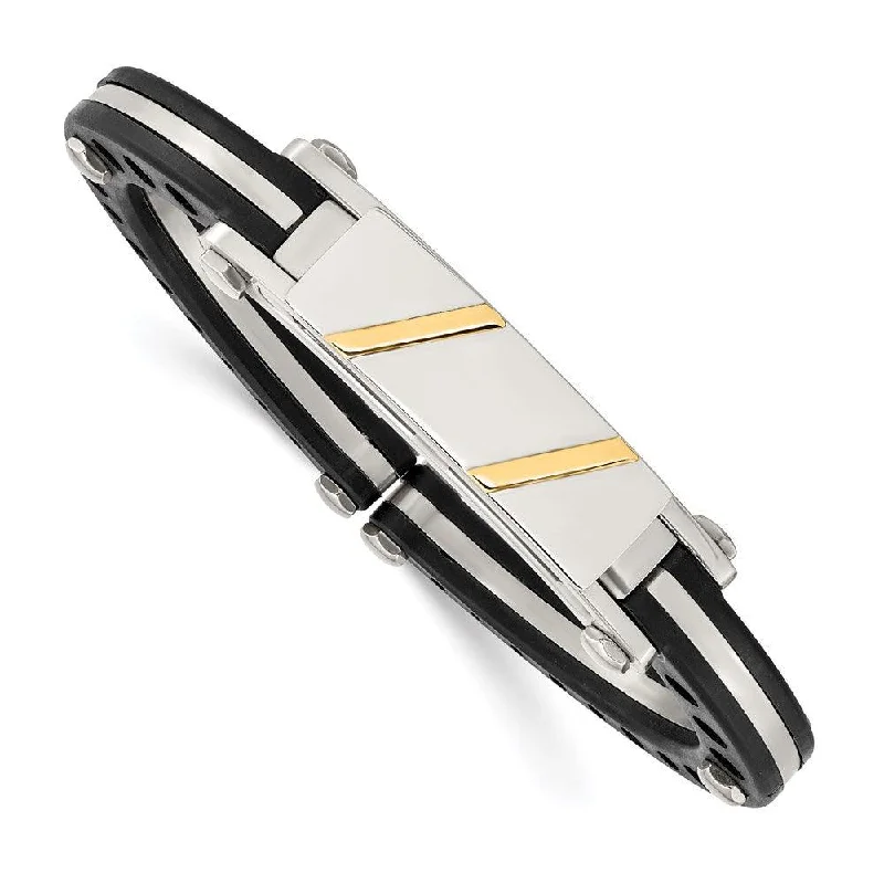 Elegant Crystal Bangles For Special Occasions-Stainless Steel Black PVC & 14k Yellow Inlay Hinged Bangle