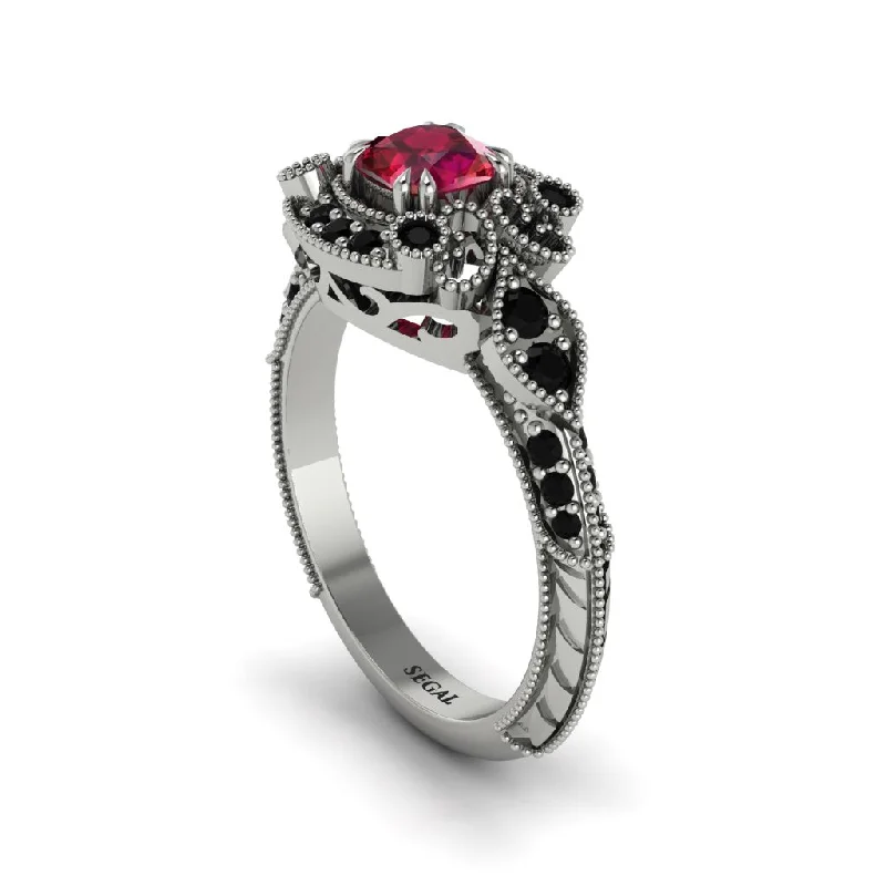 Classic Gold Wedding Rings For Lasting Love-Ruby Vintage Filigree Cushion Cut Engagement Ring - Elaina No. 42