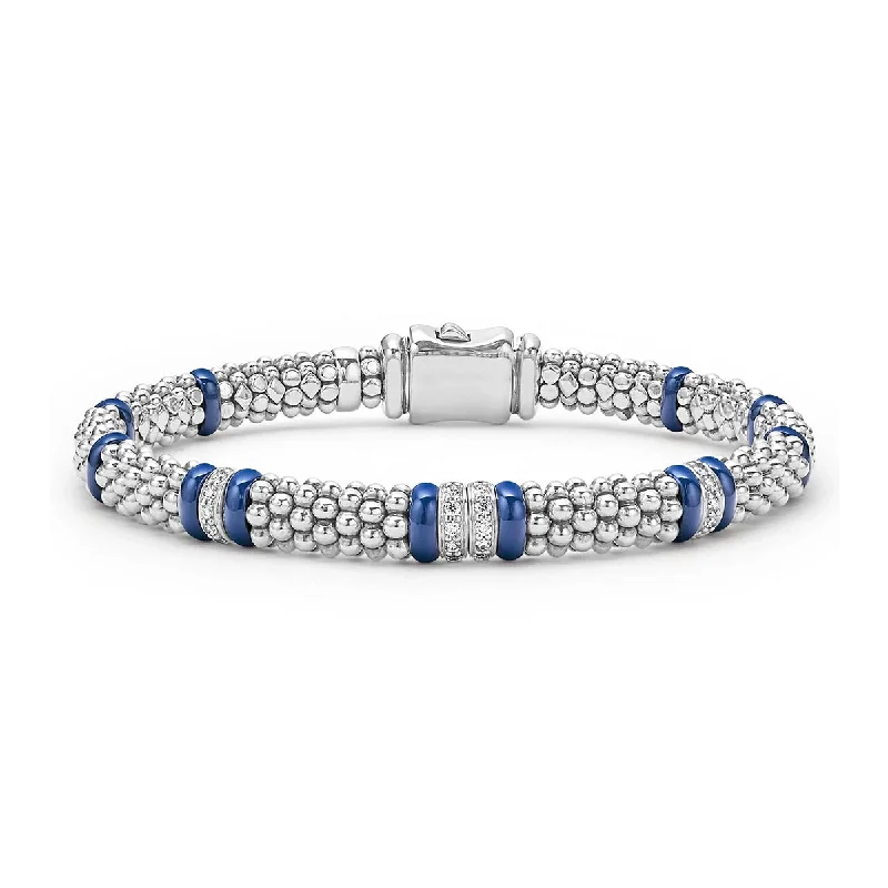 Affordable Silver Bracelets For Everyday Wear-STERLING SILVER MARINE CERAMIC AND 4 DIAMOND STATION LINKS BLUE CAVIAR 6MM ROPE BRACELET SIZE 6.5