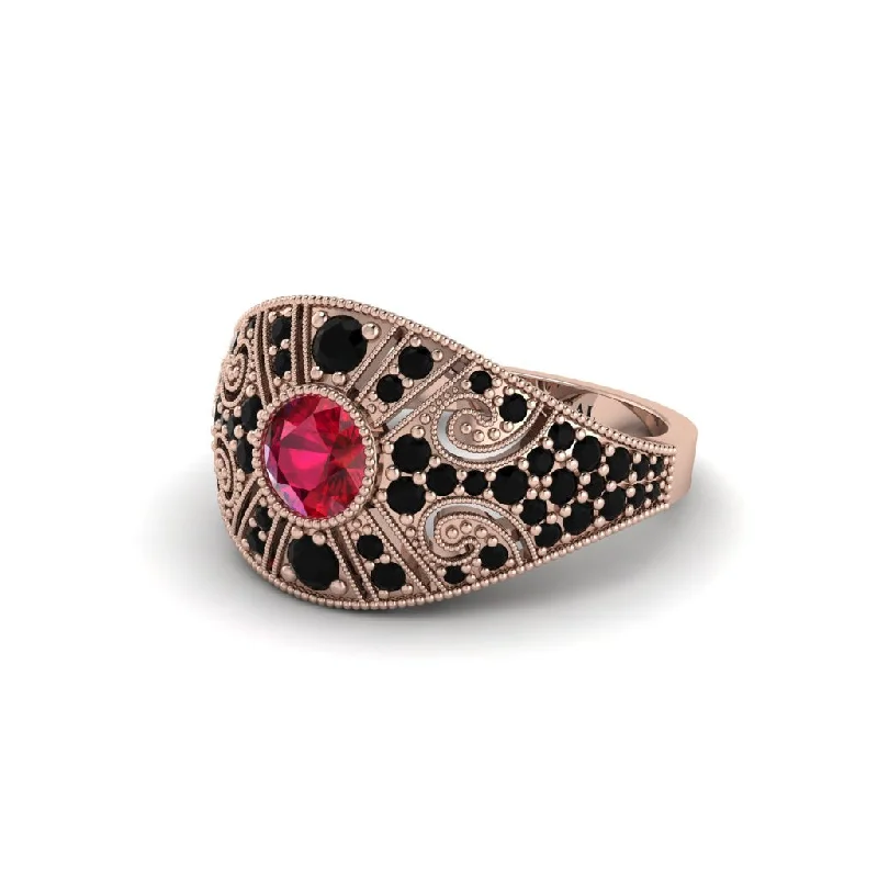 Elegant Wedding Rings For Special Occasions-Ruby Vertical Three Stone Vintage Engagement Ring - Vivienne No. 41