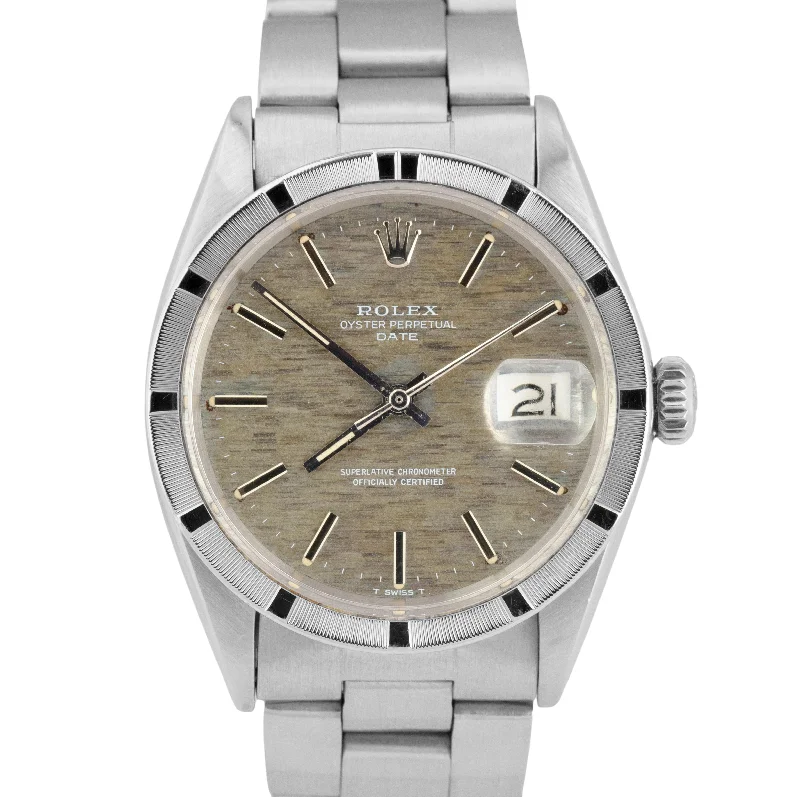 Bold Sports Watches For Active Fashion-MINT Rolex Oyster Perpetual Date Grey Mosaic 34mm Engine Turned 1501 Steel Watch