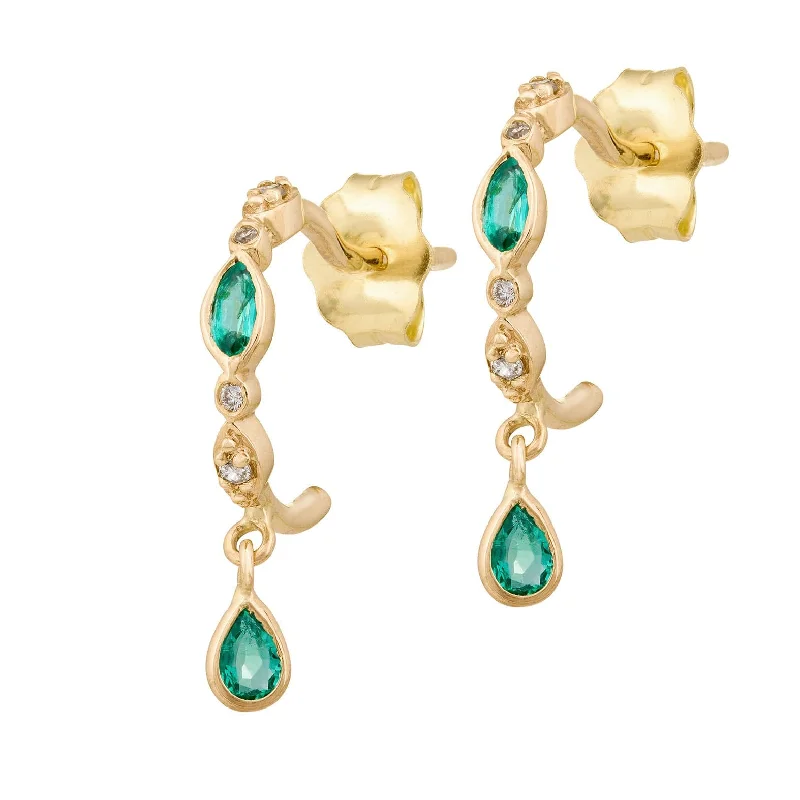 Stylish Earrings For Office Wear-Emeralds & Diamonds Hoop Earrings