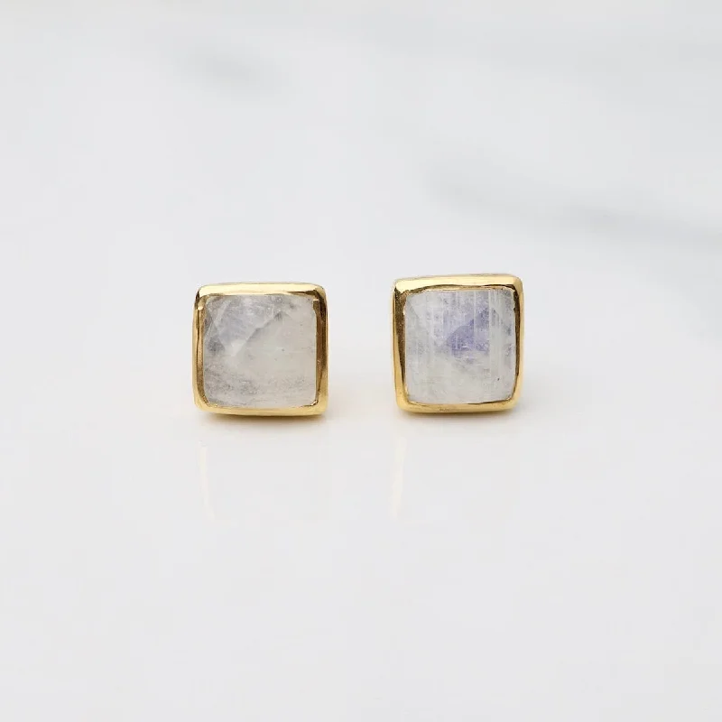 Unique Handmade Earrings For One-of-a-Kind Style-Madeline Stud Earrings - Vermeil Square - Rainbow Moonstone