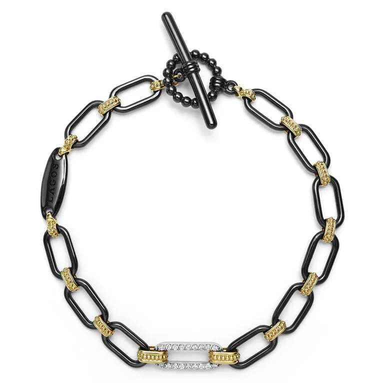 Simple Adjustable Chain Bracelets For Everyday Wear-Caviar Black Ceramic and Diamond 12x6mm Oval Link Bracelet in 18K Yellow and White Gold Size 7