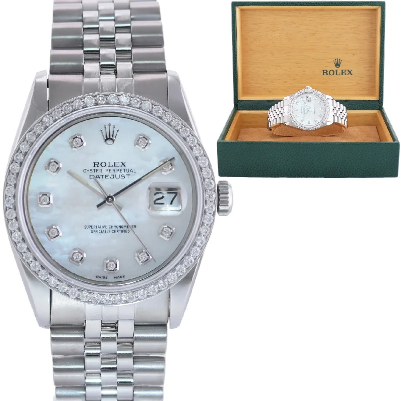 Timeless Vintage Watches For Collectors-DIAMOND Bezel Rolex DateJust 36mm Mother of Pearl 16030 Steel Watch Box