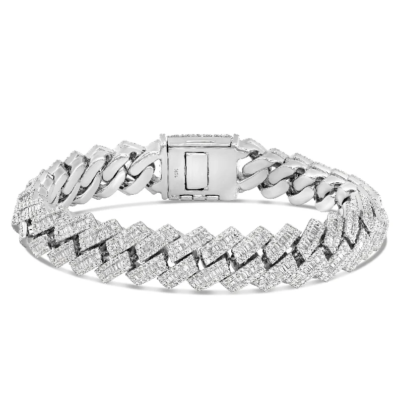 Sparkling Beaded Bracelets For Fun Fashion-10K White Gold 22.45ct Prong set Baguette Diamond 10mm Cuban Bracelet