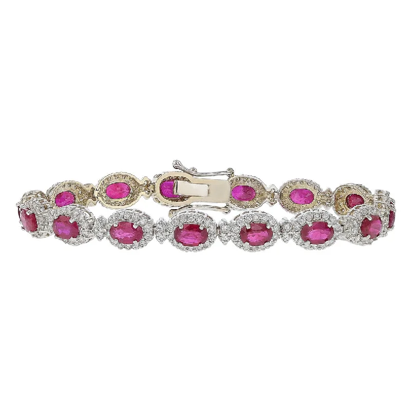 Trendy Custom Bracelets For Personalized Style-Oval Ruby and Diamond Halo Bracelet