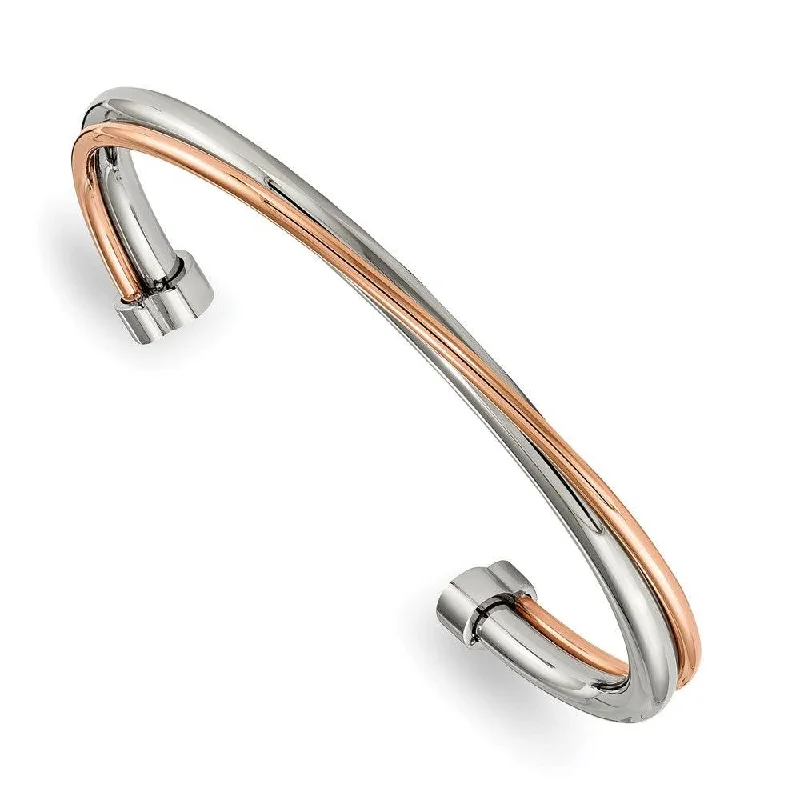 Affordable Gemstone Bangles For Fashion Lovers-Stainless Steel Polished Rose IP-plated Twisted Cuff Bangle