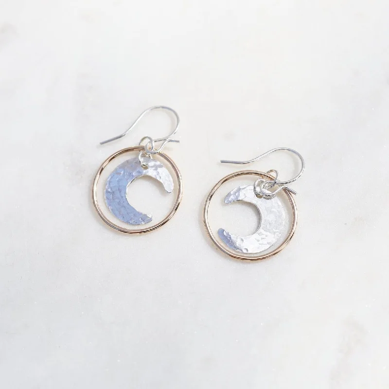 Stunning Hoop Earrings For Glamorous Nights-Sterling Silver Hammered Moon in Gold Filled Circle Dangle Earrings