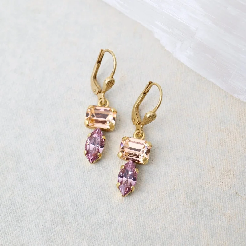 Simple Crystal Earrings For Subtle Elegance-Pink & Peach Double Crystal Earrings - Gold Plate