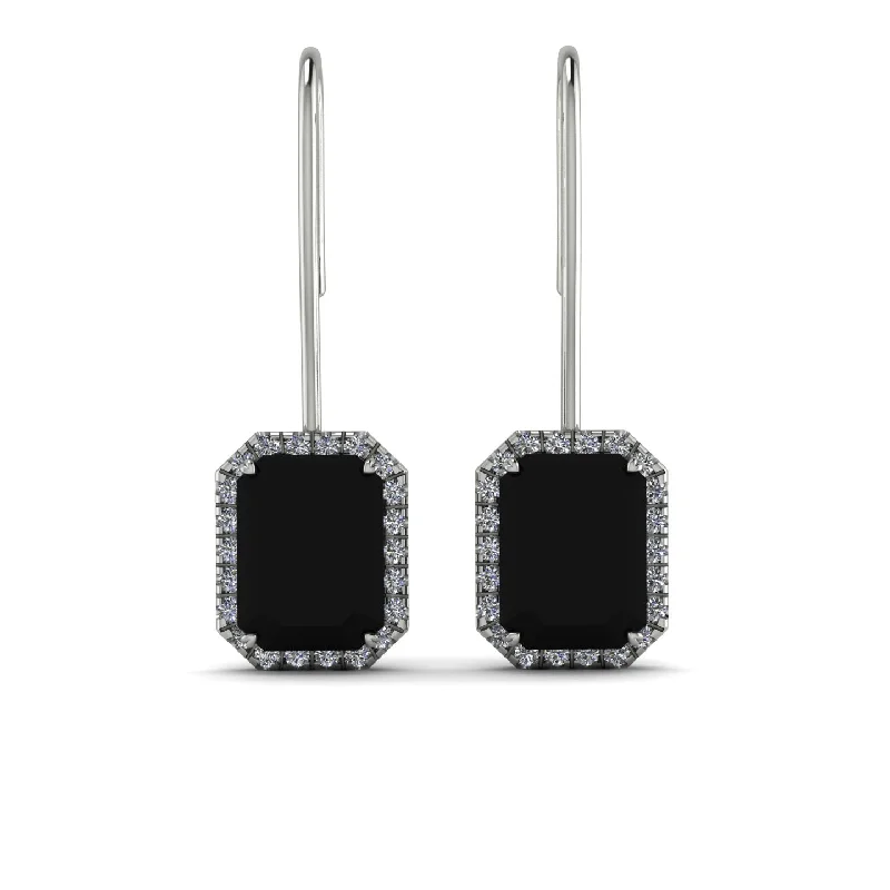 Classic Silver Earrings For Everyday Wear-Halo Emerald Cut Black Diamond Earrings - Izabella No. 9