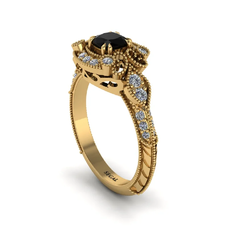 Stunning Gemstone Wedding Bands For Brides-Black Diamond Vintage Filigree Cushion Cut Engagement Ring - Elaina No. 7