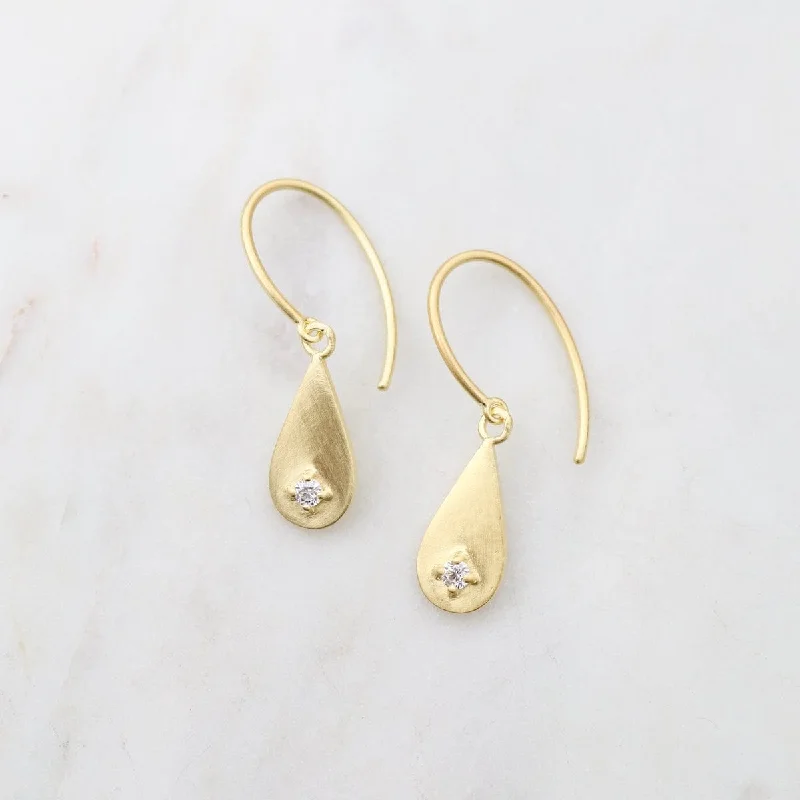 Large Drop Earrings For Fashion Statements-Brushed Gold Vermeil Dewdrop with CZ on Oval Hook Earrings