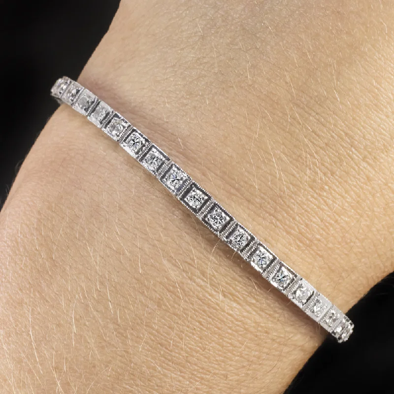 Luxury Custom Bracelets For Exclusive Style-2.5 CARAT VINTAGE DIAMOND TENNIS BRACELET 18k WHITE GOLD MILGRAIN ROUND CUT