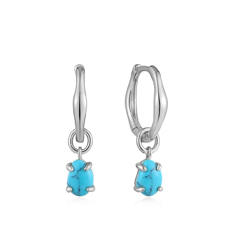 Large Drop Earrings For Fashion Statements-Silver Turquoise Drop Wave Huggie Hoop Earrings