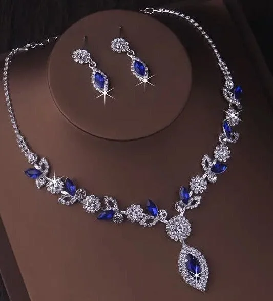 3pcs SILVER Blue Jewelry Set l Rhinestone Earrings l Necklace l Bracelet l Prom l Wedding  JS-925