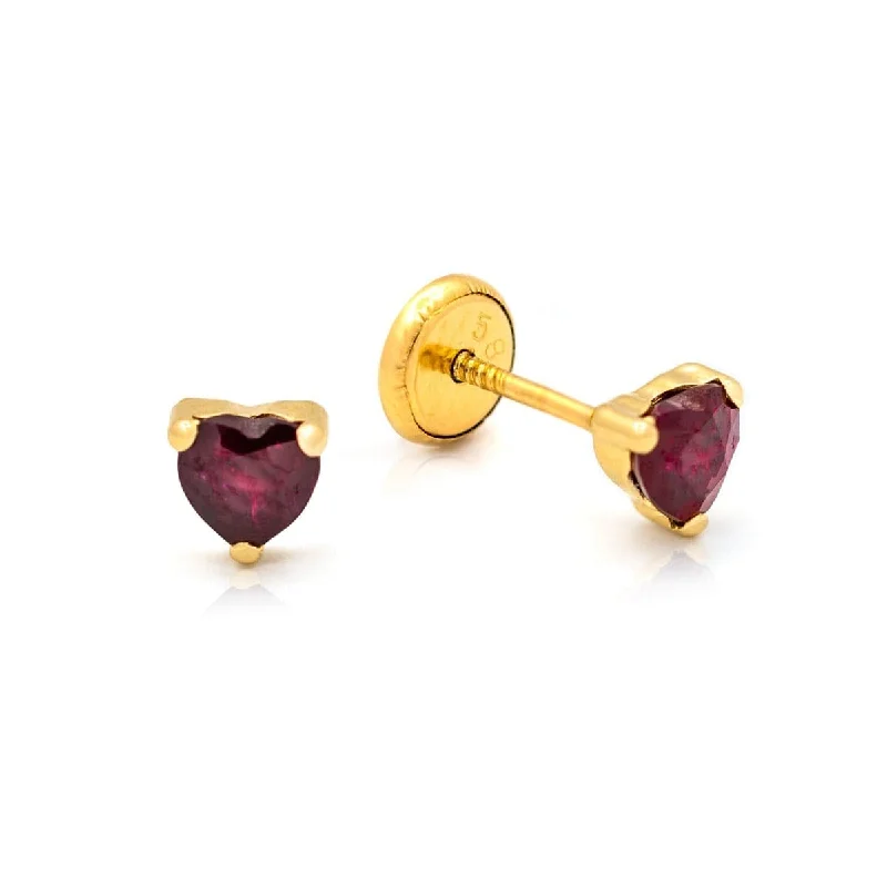 Classic Earrings For Timeless Weddings-14k Yellow Gold Ruby Heart Post Earrings