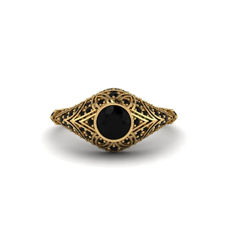 Classic Gold Engagement Rings For Timeless Love-Black Diamond Bezel Vintage Filigree Engagement Ring - Kendall No. 37