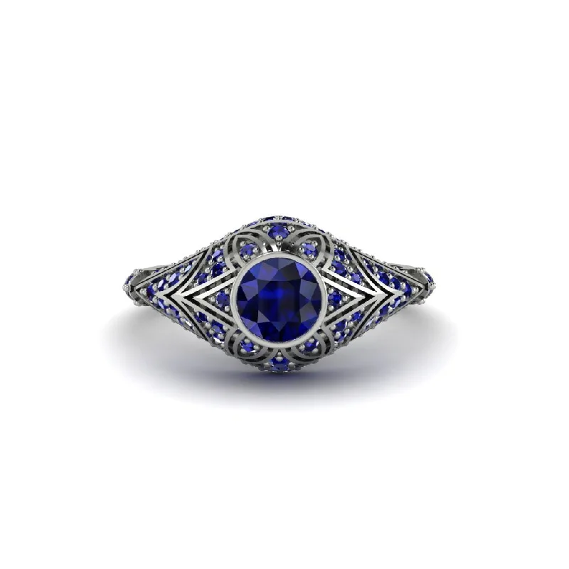 Classic Wedding Rings For Timeless Weddings-Sapphire Bezel Vintage Filigree Engagement Ring - Kendall No. 75