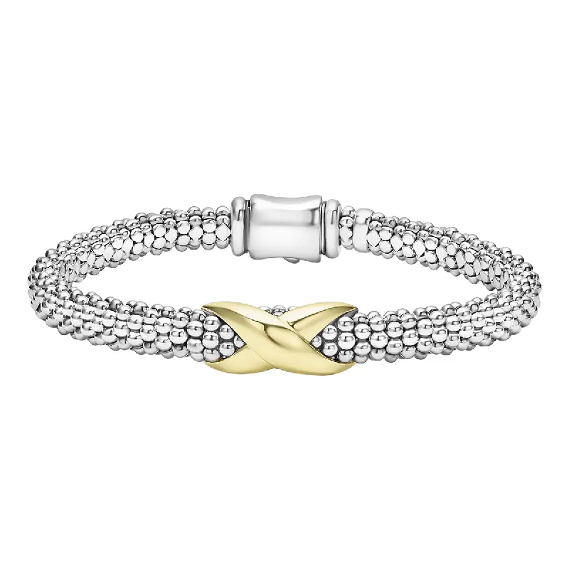 Stackable Bracelets For Layered Fashion-STERLING SIVLER AND 18K YELLOW GOLD 6MM EMBRACE WIDE CENTER X 6.5" ROPE BRACELET